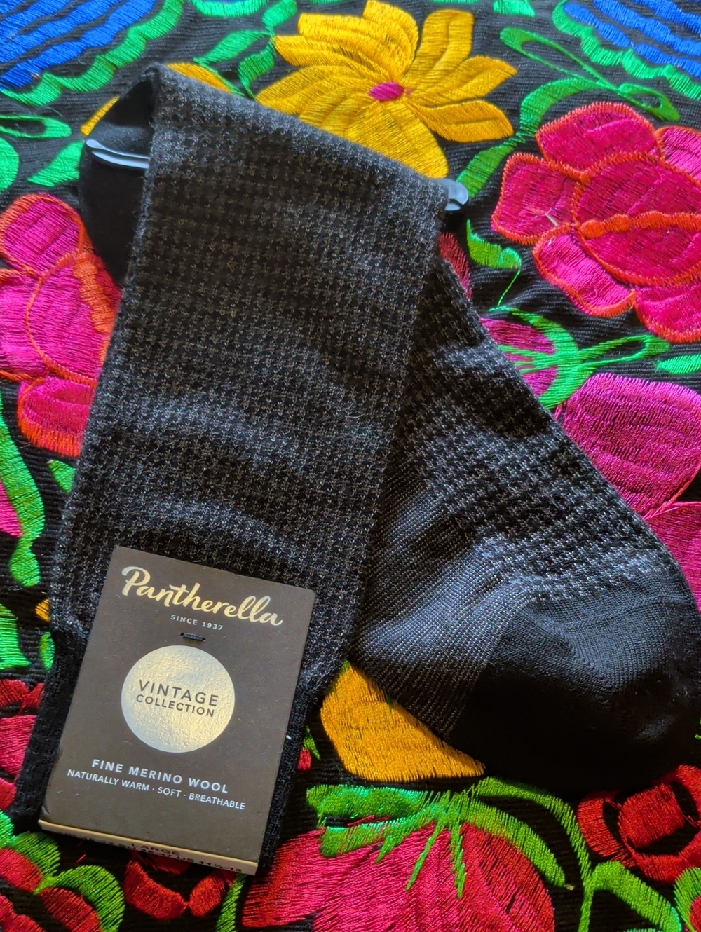 Pantherella Black Textured Merino Wool Dress Socks